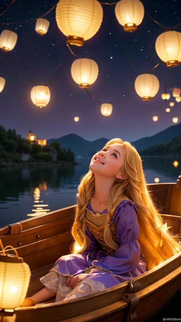 Create a high-resolution, realistic, and cute image of Rapunzel from Disney's "Tangled." She is sitting in a boat on a calm lake, surrounded by floating lanterns. The night sky is filled with stars, and the lanterns create a warm, golden glow. Rapunzel is wearing her purple dress, and her long, golden hair is cascading around her. Her expression is one of awe and happiness as she looks up at the lanterns. The scene is detailed with realistic lighting and reflections on the water.