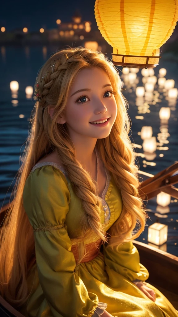 Create a high-resolution, realistic, and cute image of Rapunzel from Disney's "Tangled." She is sitting in a boat on a calm lake, surrounded by floating lanterns. The night sky is filled with stars, and the lanterns create a warm, golden glow. Rapunzel is wearing her purple dress, and her long, golden hair is cascading around her. Her expression is one of awe and happiness as she looks up at the lanterns. The scene is detailed with realistic lighting and reflections on the water.