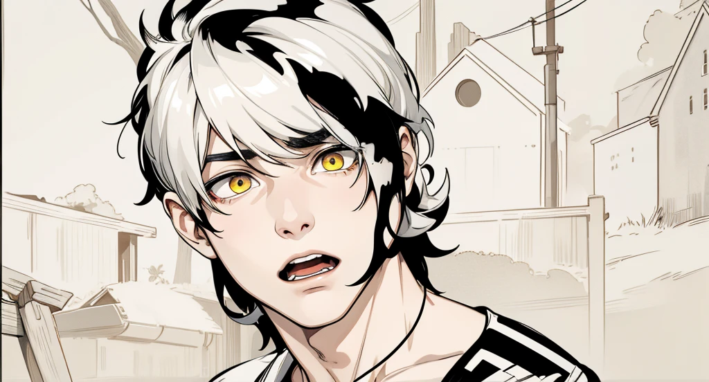 He is very scared His face is scared He is very worried, black hair yellow eyes
