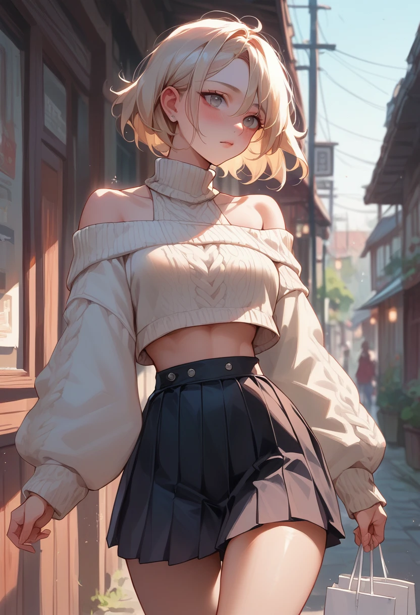 8K、Very detailed、Wear an off-the-shoulder beige cropped sweater、Wear a white box pleated skirt、Wear white short boots、Run fast、night、Town、woman