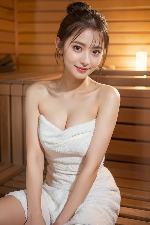 (1 Female only):1.5, (sauna:1.3), (whole body:1.3), (bun hair, dark brown hair), (highest quality, Photoreal:1.4, table top:1.3, RAW photo:1.2, cinematic light, highly detailed illustrations), (A very carefully drawn face, Super beautiful maid, super delicate eyes, super detailed stuffy nose, super detailed mouth, highly detailed facial features, Super detailed body, hip details, Detailed thighs), (small breasts:1.3), from the front, show cleavage, (A long dress made of very dense towel fabric.:1.3, strapless), (sweat a lot), (sitting on a wooden bench), leaning forward, smile:0.8, Light and shadow