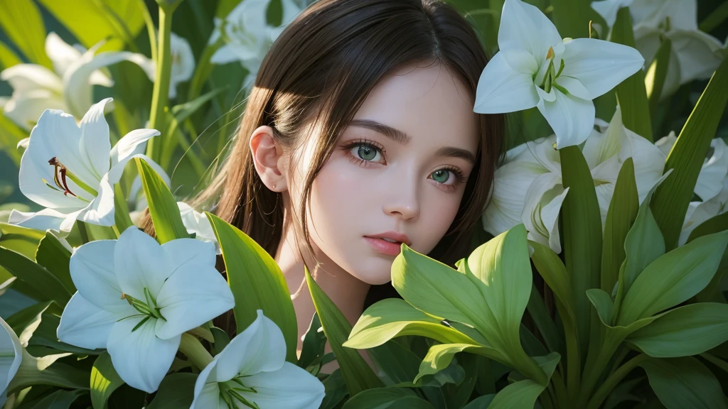 32k, Masterpiece, Highest quality, One girl, Brown Hair, Detailed eyes, flower,Amaryllis, Blue and green style,A dreamy, romantic piece,Pale green, Mysterious Leaves,A playful arrangement,Fantasy,High Contrast,Ink strokes,explosion,Exposure, Impression of blue and green tones,Abstract, Brush strokes,Negative Space, Tyndall effect, White background