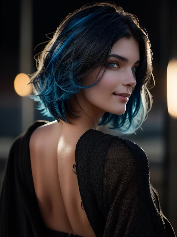 Kate, short black hair with blue highlights, looking at the viewer, blue eyes, perfect bod, grin, black hair, streaked hair, blue hair, hair behind ear, hair over one eye, Hyperrealism, cinematic lighting, cowboy shot, from behind, cinematic lighting, Hyperrealism, accurate, textured skin, best quality, highres, 8k, accurate, textured skin, highres, 8k