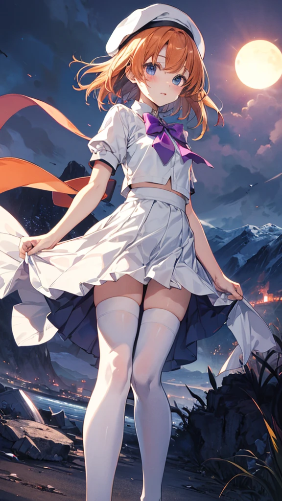 Nsfw,knee boots,illustration,((solo)),(1 girl),smile,(fusion of school uniform and high legged swimsuit),shiny,depth of field,colorful, closed mouth,floating,nature,galaxy,fantasy,snow,winter,star,night,a lot of snow,floating snow
