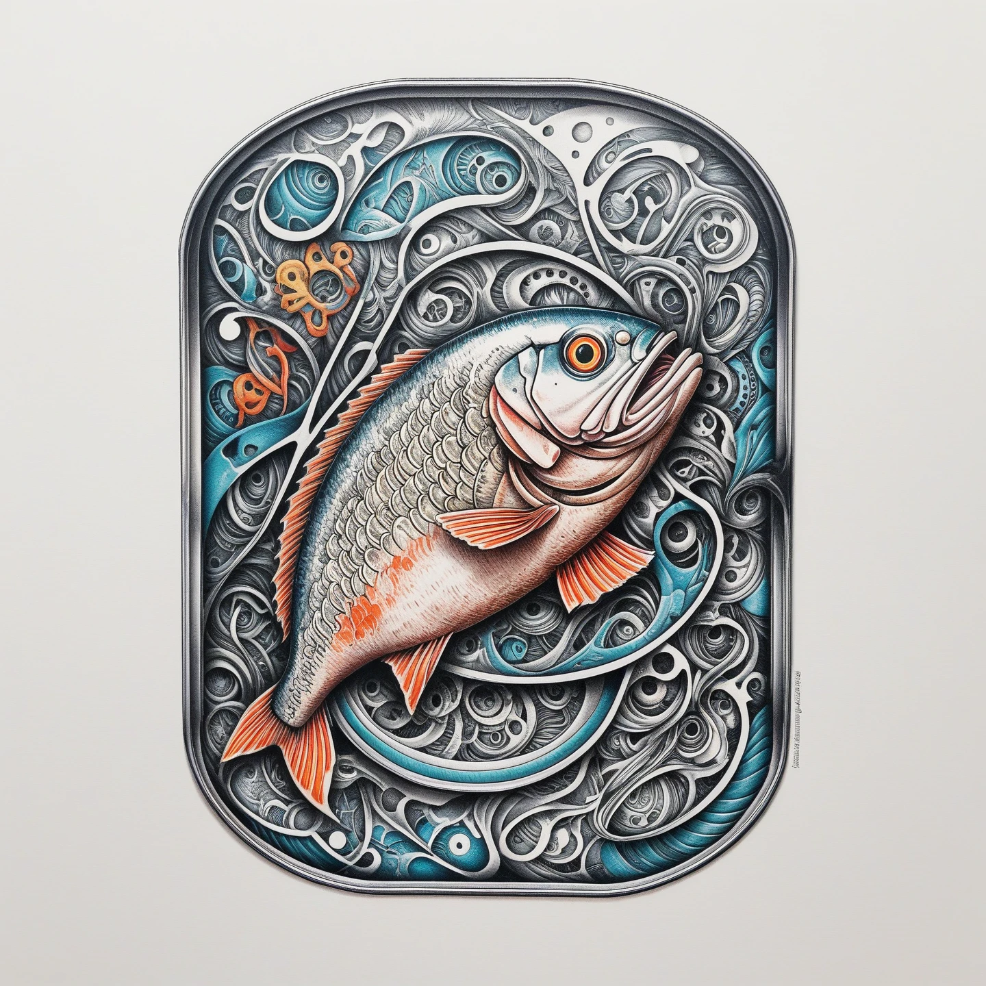 Tinned fish, prison tattoo, retro, doctor, color lineart PStyl3, negative space, abstract, intricate