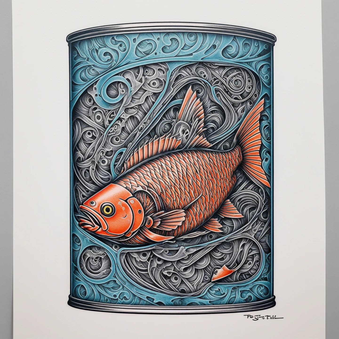 Tinned fish, prison tattoo, retro, doctor, color lineart PStyl3, negative space, abstract, intricate