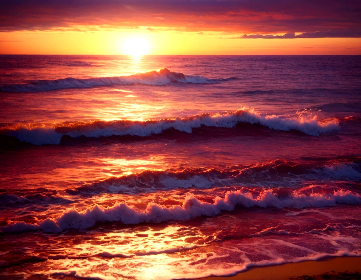 beach waves ,realistic image in the sunset background