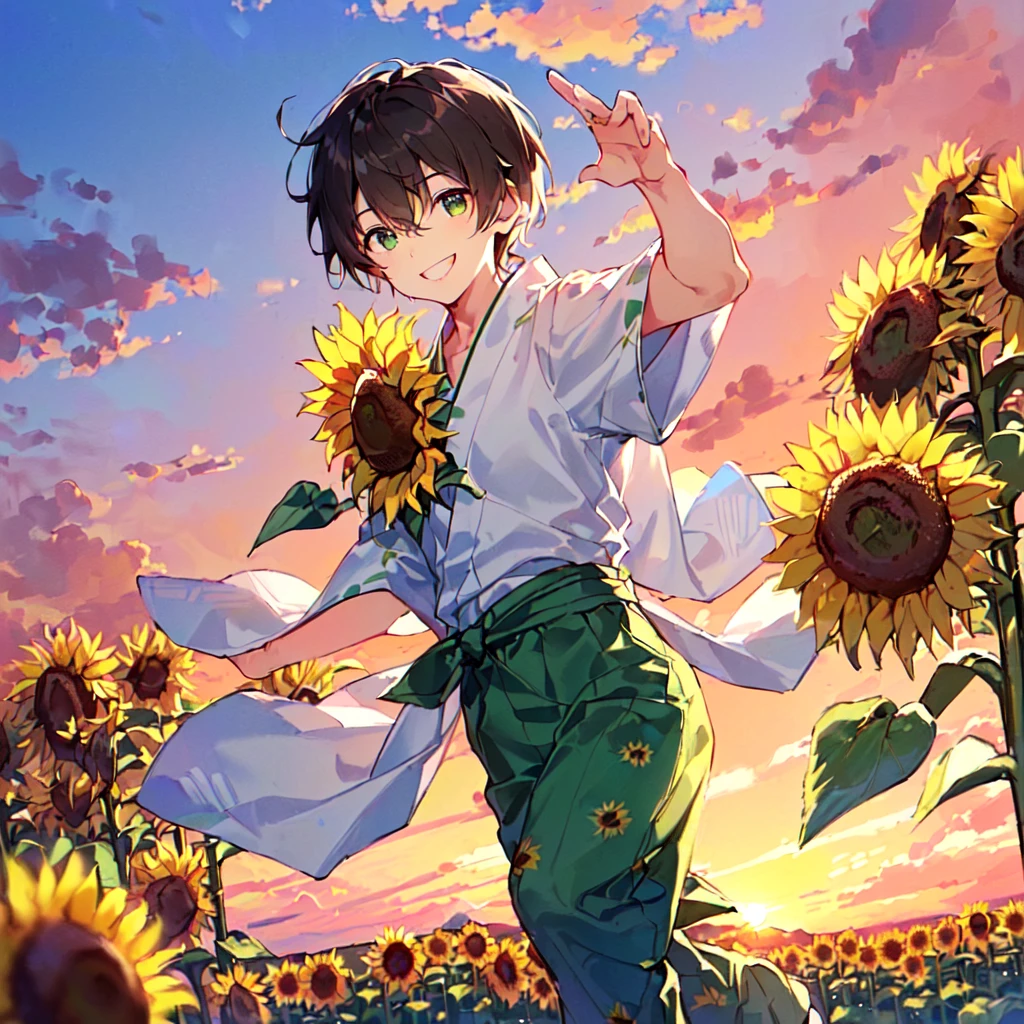 masterpiece, best quality, high quality, extremely detailed, (1 male age 30, solo: 1.5), (short short hair up to neck, bangs up to eyes: 1.5), (hair color brown), (eyes yellowish green: 1.3), 8 head tall, slender nose, expression (yukata short sleeve sunflower print in summer with pants: 1.3), (running), (dynamic pose), (smiling: 1.3), (background sunflower field: 1.3), (sunset:1.3)