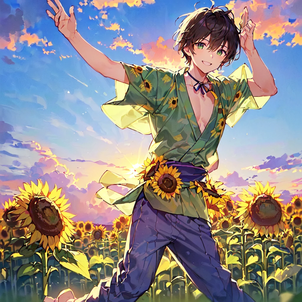 masterpiece, best quality, high quality, extremely detailed, (1 male 0, solo: 1.5), (short short hair up to neck, bangs up to eyes: 1.5), (hair color brown), (eyes yellowish green: 1.3), 8 head tall, slender nose, expression (yukata short sleeve sunflower print in summer with pants: 1.3), (running), (dynamic pose), (smiling: 1.3), (background sunflower field: 1.3), (sunset:1.3)