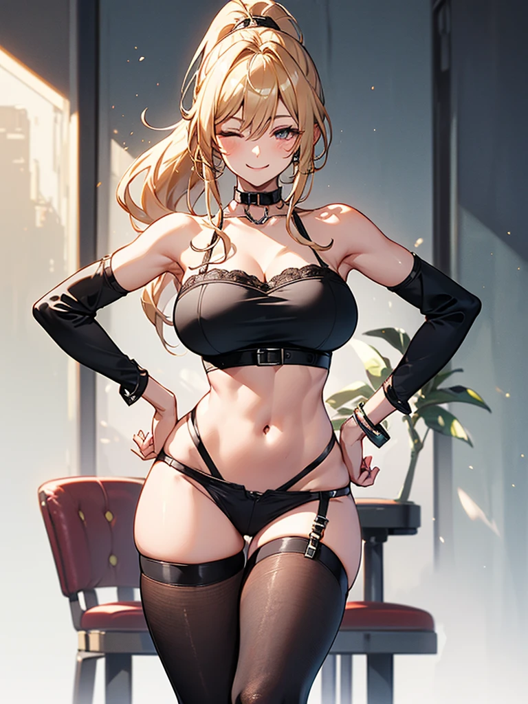 (highest quality, High resolution, perfect pixel, Depth of bounds written, 4K), upper body, (chair), (looking up), (detailed eyes), (1 lady), tall, (skinny body:1.2), (thin thighs:1.2), (Narrow hips:1.2), (black tube tops:1.4), bellybutton, sleeveless, middle breasts, (blond hair), (ponytail:1.2), (standing:1.2), (denim mini skirt:1.3), (panty strap:1.2), (hand on hip and behind head:1.2), contrapposto, (leaning forward), (seductive smile), one eye closed,