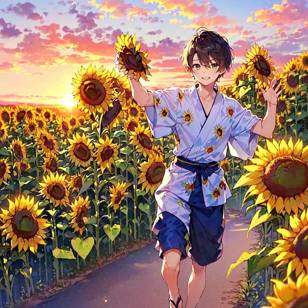 masterpiece, best quality, high quality, extremely detailed, (1 male age 30, solo: 1.5), (short short hair up to neck, bangs up to eyes: 1.5), (hair color brown), (eyes yellowish green: 1.3), 8 head tall, slender nose, expression (yukata short sleeve sunflower print in summer with pants: 1.3), (running), (dynamic pose), (smiling: 1.3), (background sunflower field: 1.3), (sunset:1.3)