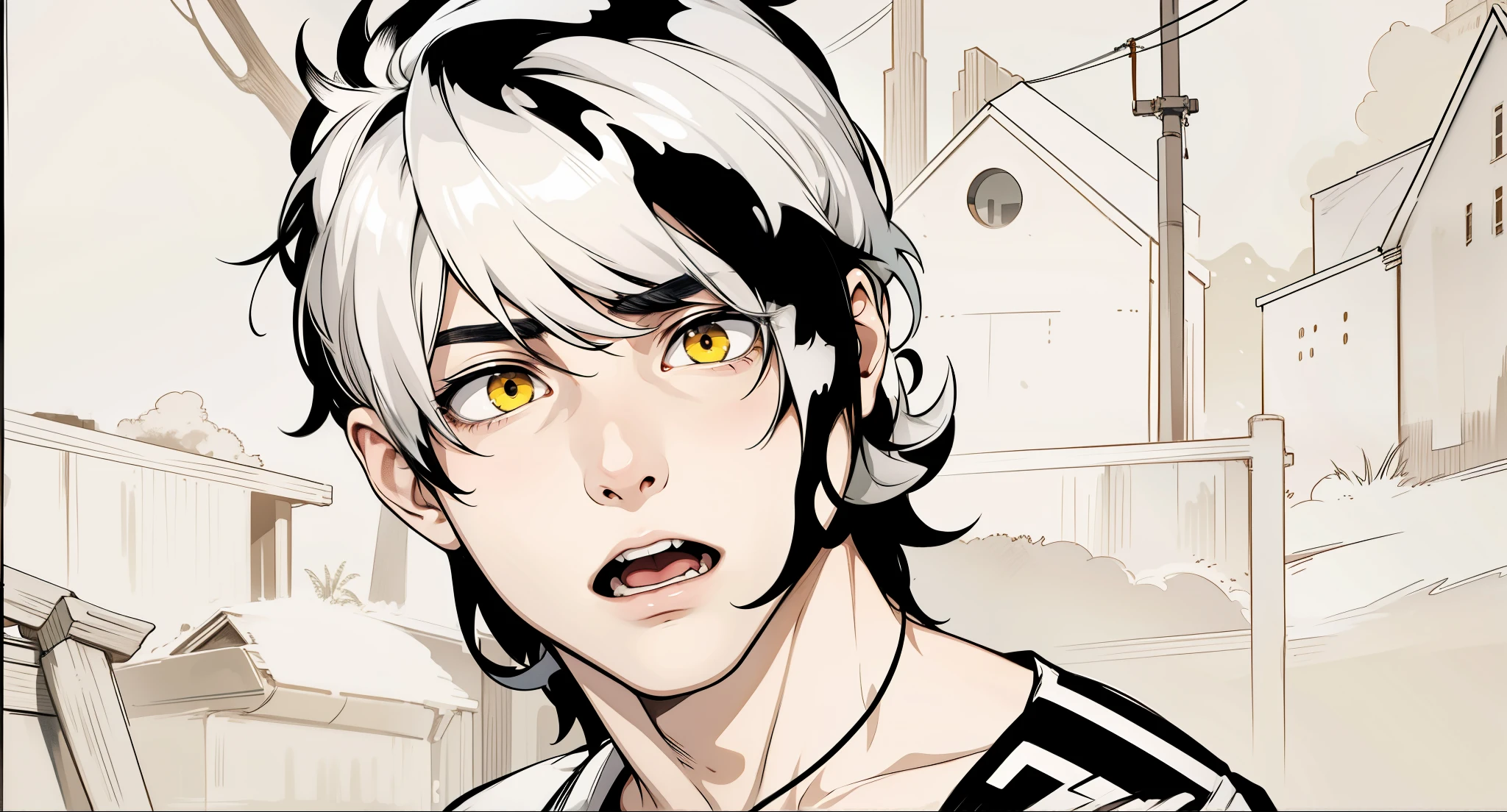 He is very scared His face is scared He is very worried, black hair yellow eyes 