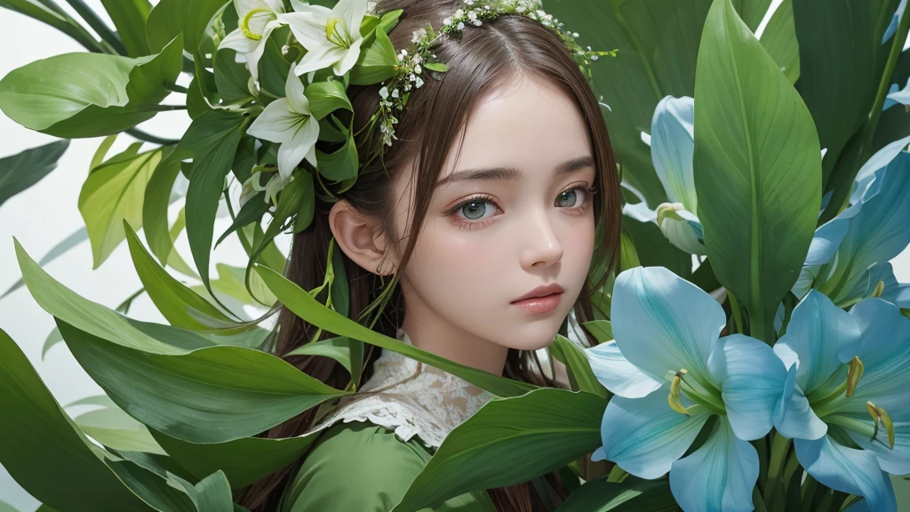 32k, Masterpiece, Highest quality, One girl, Brown Hair, Detailed eyes, flower,Amaryllis, Blue and green style,A dreamy, romantic piece,Pale green, Mysterious Leaves,A playful arrangement,Fantasy,High Contrast,Ink strokes,explosion,Exposure, Impression of blue and green tones,Abstract, Brush strokes,Negative Space, Tyndall effect, White background