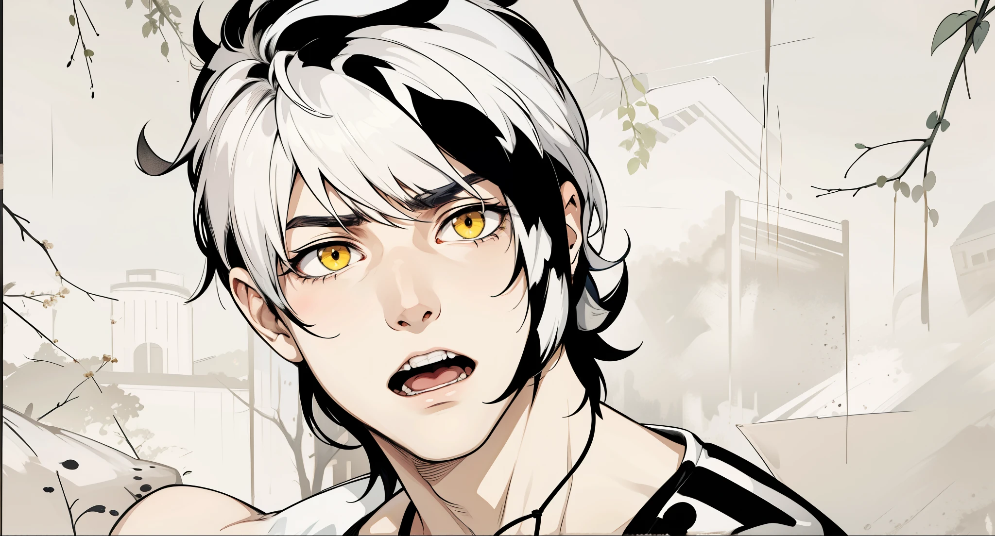 He is very scared His face is scared He is very worried, black hair yellow eyes