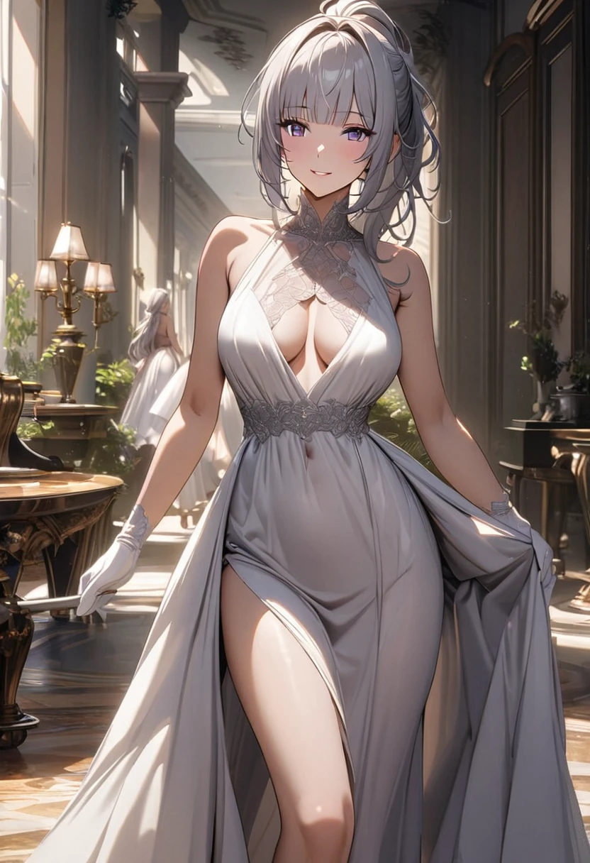 Mature woman, perfect anatomic draw, perfect eyes, long silver hair, purple eyes, low gaze and serene expression, beautiful woman, straight bangs down, ponytail in the hair, long puff dress, sexy woman, sexy smile, clevage, messy hair, silk dress, long white silk gloves, elegant walking, in the vitorian mansion, 8k, high quality, full HD.