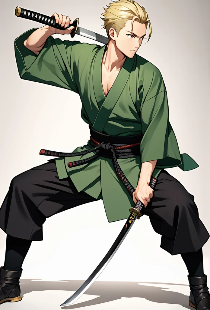 man, blond, brown eyes, short hair, open forehead, no bangs, green kimono, haramaki, katana, black pants
full-length, black boots 