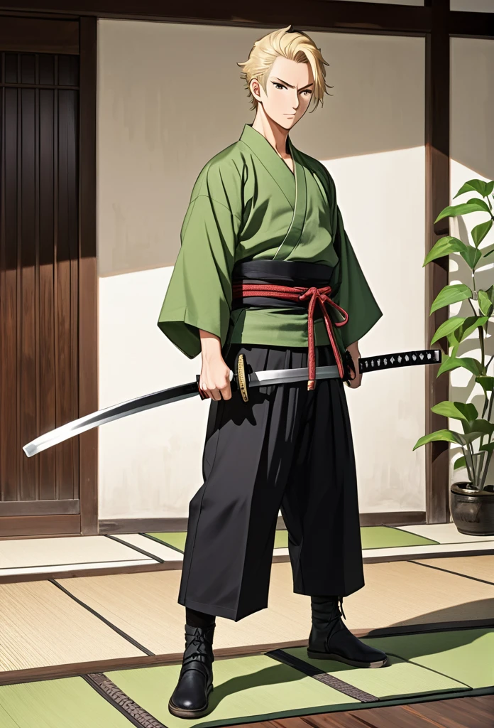 man, blond, brown eyes, short hair, open forehead, no bangs, green kimono, haramaki, katana, black pants
full-length, black boots