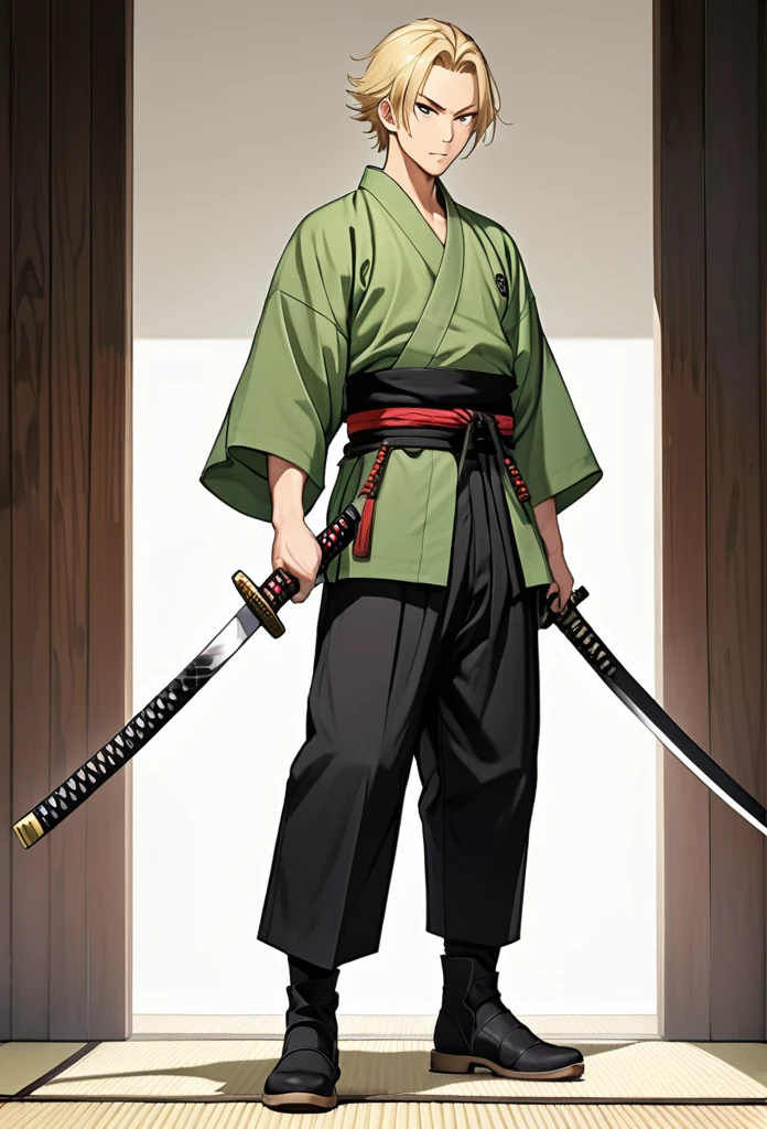 man, blond, brown eyes, short hair, open forehead, no bangs, green kimono, haramaki, katana, black pants
full-length, black boots