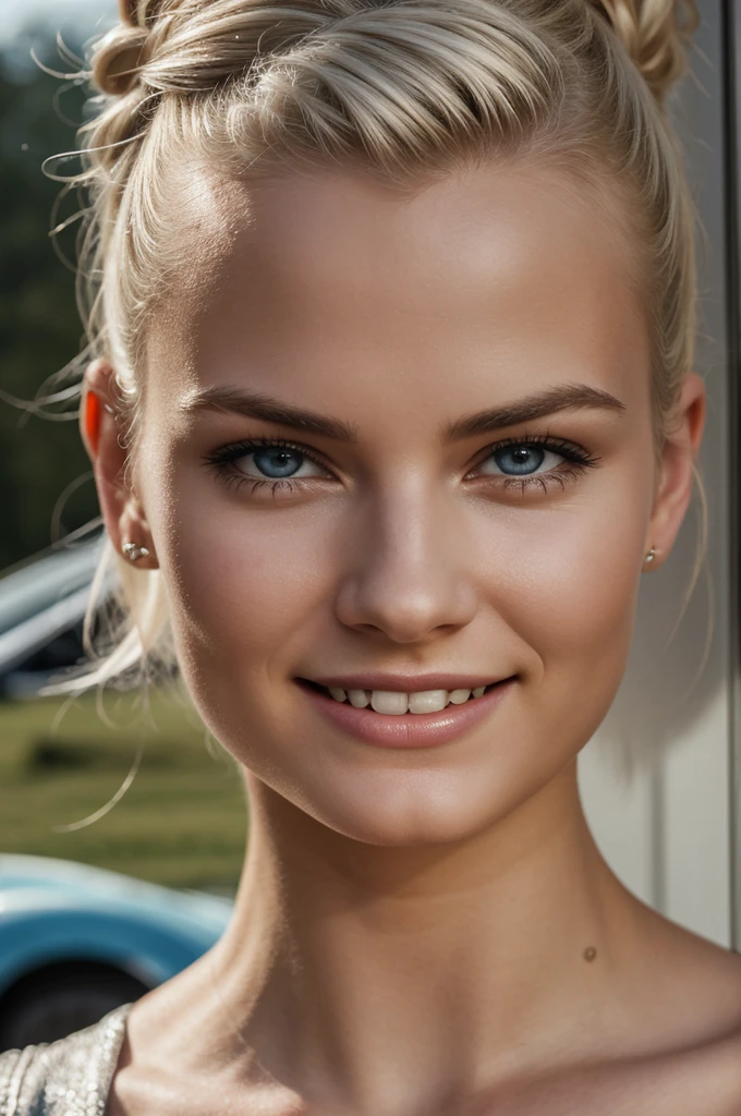 gorgeous, beautiful, 21 years old scandinavian, white hair in a bun, best portrait photo ever, men magazine portrait, beautiful smile, perfect teeth, seductive, flirty, face photo, (((she is at the american car show))), racetrack, background, smiling, detailed skin, realistic, photo-realistic, 8k sharp focus, highly detailed, full length frame, High detail RAW color art, piercing, diffused soft lighting, shallow depth of field, sharp focus, hyperrealism, cinematic lighting