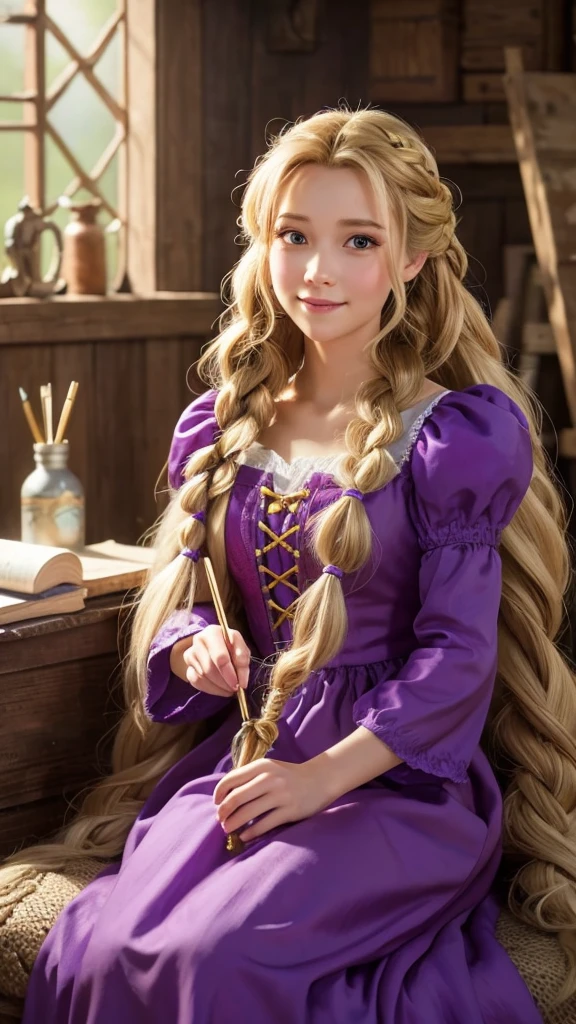 Generate a high-quality, realistic, and adorable image of Rapunzel from Disney's "Tangled." She is in her tower, painting a mural on the wall. The room is filled with sunlight, and her long, golden hair is tied up in a loose braid. She is focused on her painting, with a look of concentration and happiness on her face. She is wearing her purple dress, and the scene is detailed with realistic textures, colors, and lighting.