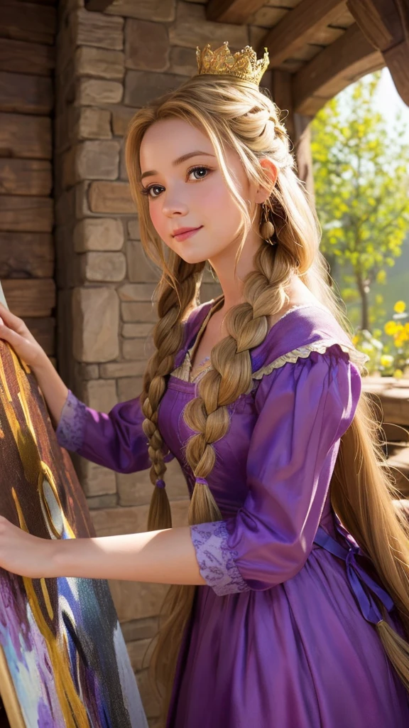 Generate a high-quality, realistic, and adorable image of Rapunzel from Disney's "Tangled." She is in her tower, painting a mural on the wall. The room is filled with sunlight, and her long, golden hair is tied up in a loose braid. She is focused on her painting, with a look of concentration and happiness on her face. She is wearing her purple dress, and the scene is detailed with realistic textures, colors, and lighting.