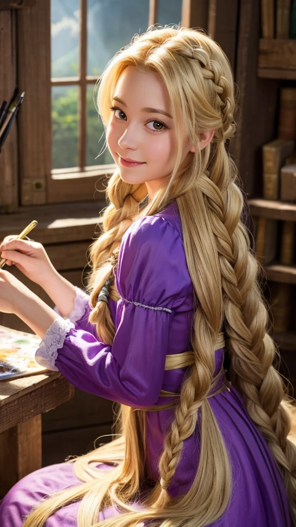 Generate a high-quality, realistic, and adorable image of Rapunzel from Disney's "Tangled." She is in her tower, painting a mural on the wall. The room is filled with sunlight, and her long, golden hair is tied up in a loose braid. She is focused on her painting, with a look of concentration and happiness on her face. She is wearing her purple dress, and the scene is detailed with realistic textures, colors, and lighting.