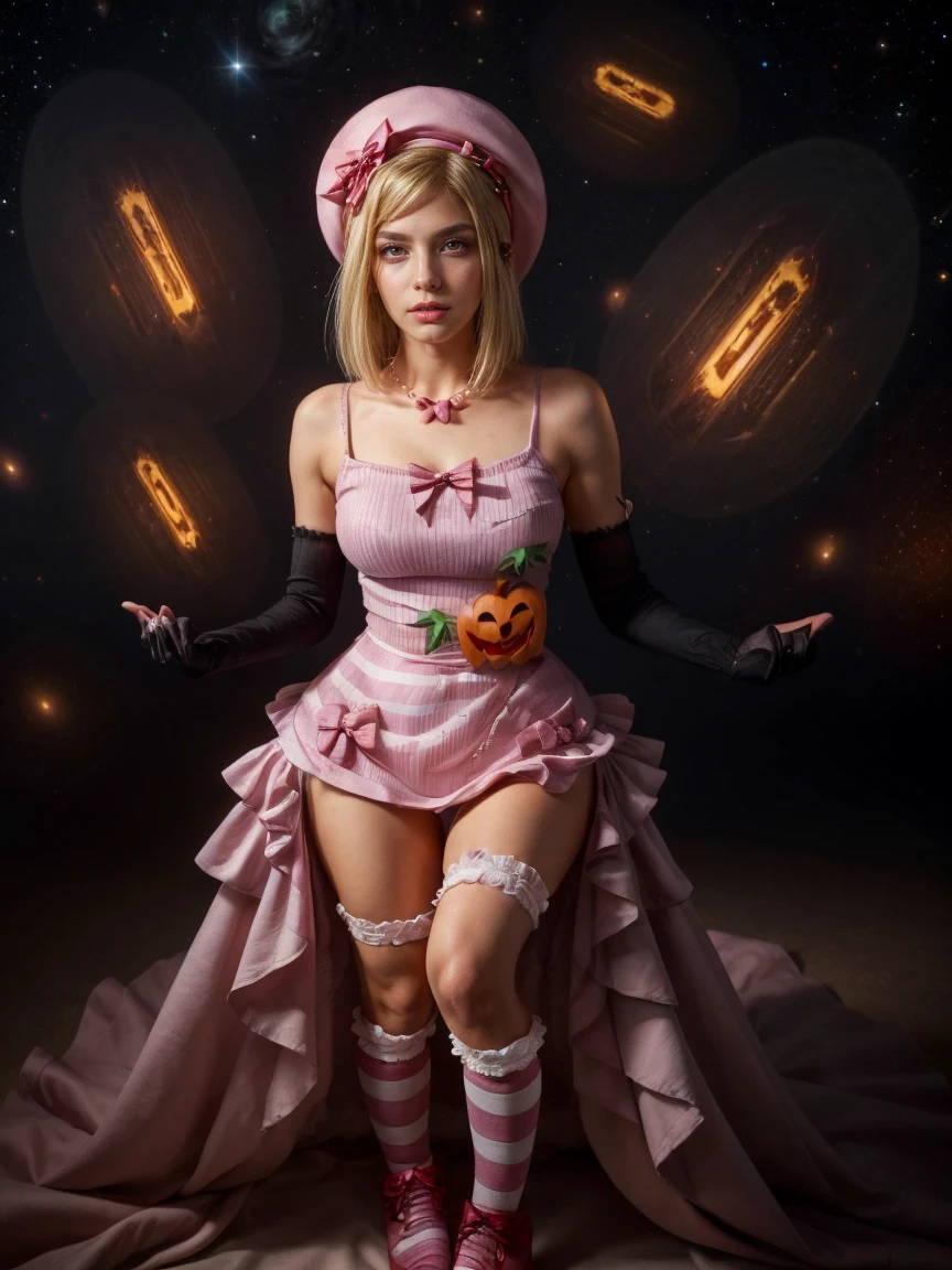 (1 lady), The beautiful, (Best quality at best:1.4), (ultra - detailed), (extremely detailed CG unified 16k), gold blonde hair, very detailed, High-definition RAW color photo, professional photoshooting, amazing face and eyes, cosmetics, (amazingly beautiful girl), ((lambdadelta, taller, tall woman)), ((dress, shoes bow, red shoes, striped stockings, red bow, pink hat, necklace, gloves, pearl, pumpkin brooch, pink dress)), levitating in a cute posture (floating in the air), (She's levitating in a cosmic sea, outer space:1.3, quantum hyperspace room lacking walls, hyperspace chamber, extremely detailed background, a lot of details background, realistic background), (look from above), realistic cinematic face, head to feet long wide zoomed out view, full body long view, photorealistic, ((realistic natural blonde hair style, red eyes)), gorgeous, extremely beautiful face, perfect model beauty, pout mouth, Highly Detailed Face and Skin Texture, Detailed Eyes, Double Eyelids, Big Breasts, Persistent Stare, Faith Trance, (mystical stare, looking eternity), (masterpiece), best quality, high resolution, depth of field, cinematic lighting, amazing legs, pink combat boots, clear and well-cared skin