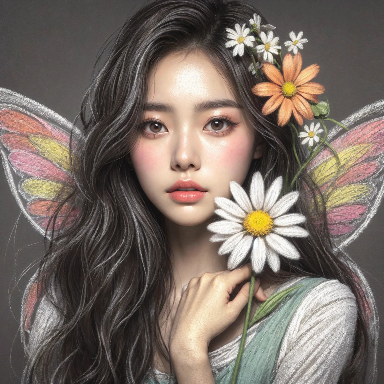 korean women, chalk portrait of a beautiful fairy, with flawless skin, and a daisy, complementary colours, artistic, painterly.bold gray background