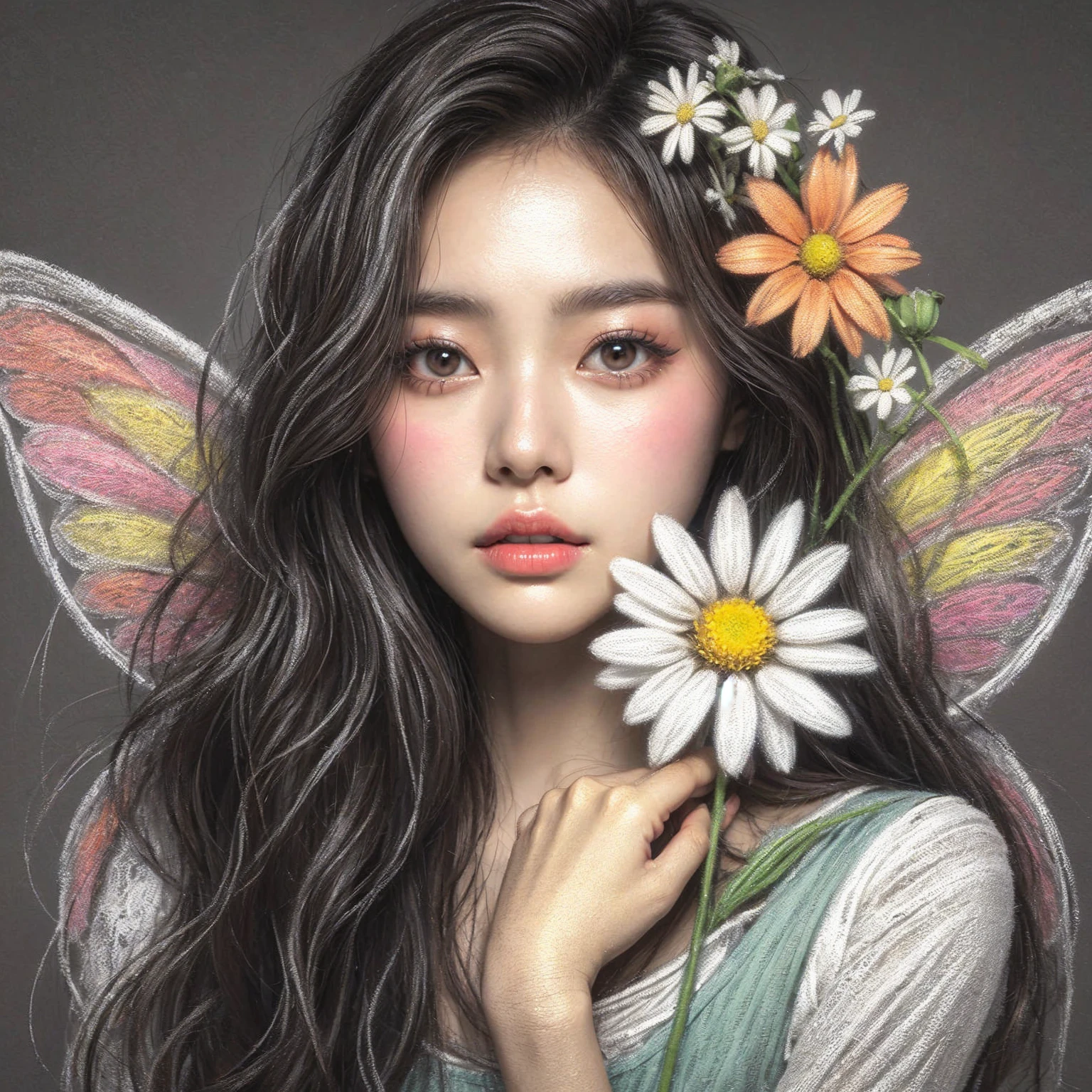 korean women, chalk portrait of a beautiful fairy, with flawless skin, and a daisy, complementary colours, artistic, painterly.bold gray background