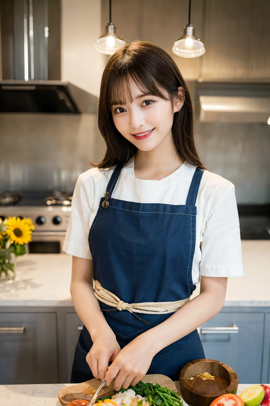 A realistic image of a girl cooking in a modern kitchen, (detailed facial expressions:1.2), wearing a stylish apron, (vivid colors), (soft natural lighting), preparing a meal with various fresh ingredients, (intricate details:1.1), (dynamic and lifelike pose), her friend beside her, both smiling and focused on their dishes, (warm and inviting atmosphere)