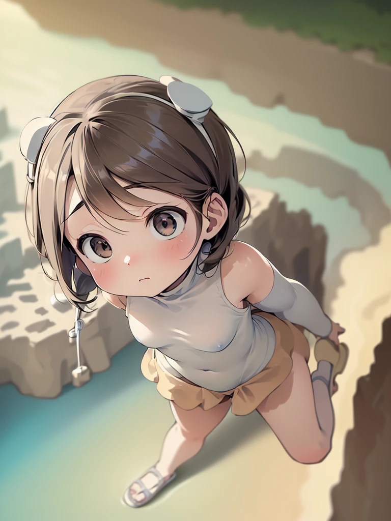 Highest quality, masterpiece, Ultra-high resolution, (Realistic:1.4), RAW Photos, Intricate details, Big beautiful eyes, Perfect contours, masterpiece, One Girl, ((Junior high school student)), Braided Bob, (aerial view:2), (perky breasts:1.5, high breasts:1.5), (curvy waist:1.5), Competitive swimmer, (one piece:1.5, turtleneck,Sleeveless swimsuit, Sandals), Clear metallic green swimsuit:1.5, tight high leg swimsuit:1.4, ((shoot from behind:2, looking away:2)), Portraiture,  ((Standing on the edge of a cliff:1.5, Hesitant to jump:1.5, Incredibly high sheer cliffs:1.5, Stand at the highest point overlooking the surrounding area, peer down the cliff:1.5)), (Anxious expression、His mouth is twitching with fear), Wet Skin, (Underarm)
