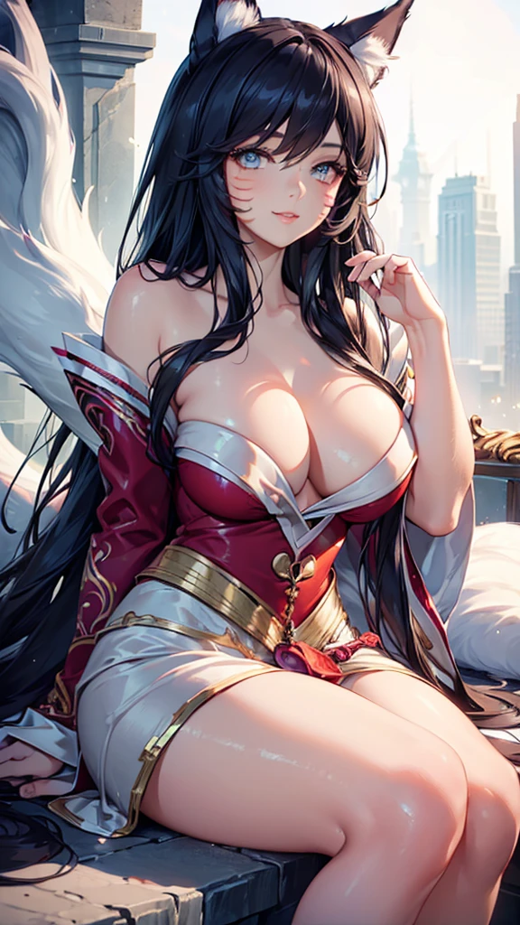 (best quality,ultra-detailed,realistic:1.37),Ahri,spa,luxurious,relaxing atmosphere,beautiful detailed eyes,beautiful detailed lips,smiling,bathrobe,sitting upright,black hair,nine white tails,peaceful background,portraits,vivid colors,soft lighting,tranquil ambiance