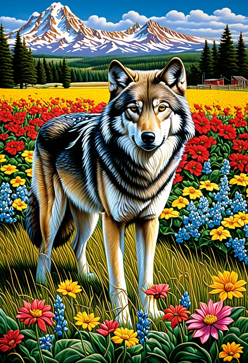 A lone wolf, rendered in the detailed wildlife paintings of Doug Bloodworth, stands amidst a field of flowers bursting with color in the style of Elizabeth Patterson. (Combines Bloodworth's wildlife realism with Patterson's floral abundance)



