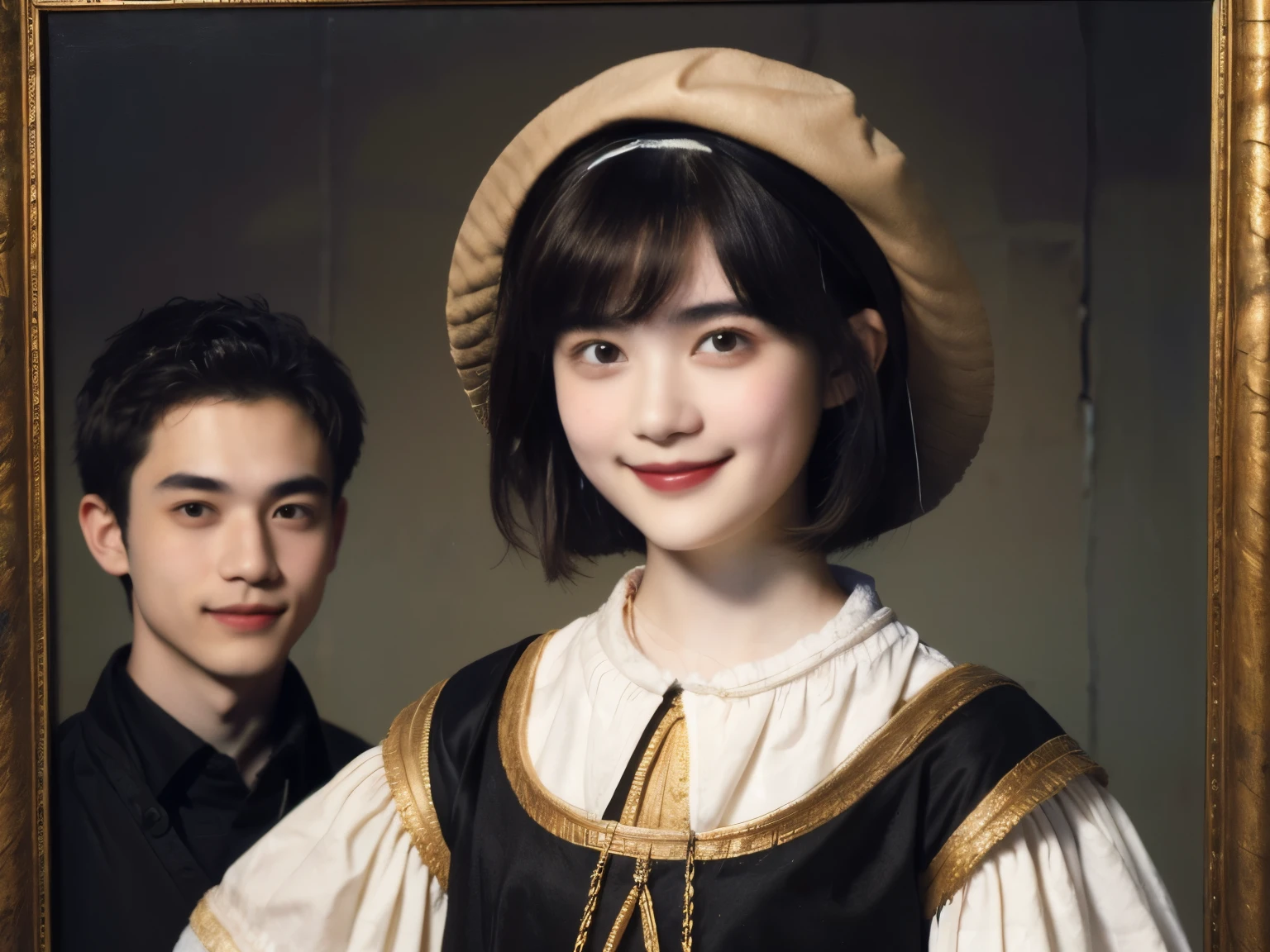 252 (An 18-year-old female and an 18-year-old male), (short hair),kind, lipstick, (Rembrandt-style painting), smile