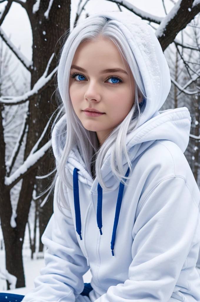 A girl,white hair,blue eyes(detailed),sitting besides a tree,looking at the sky,white hoodie,snowing,hair all over,Very Detailed.