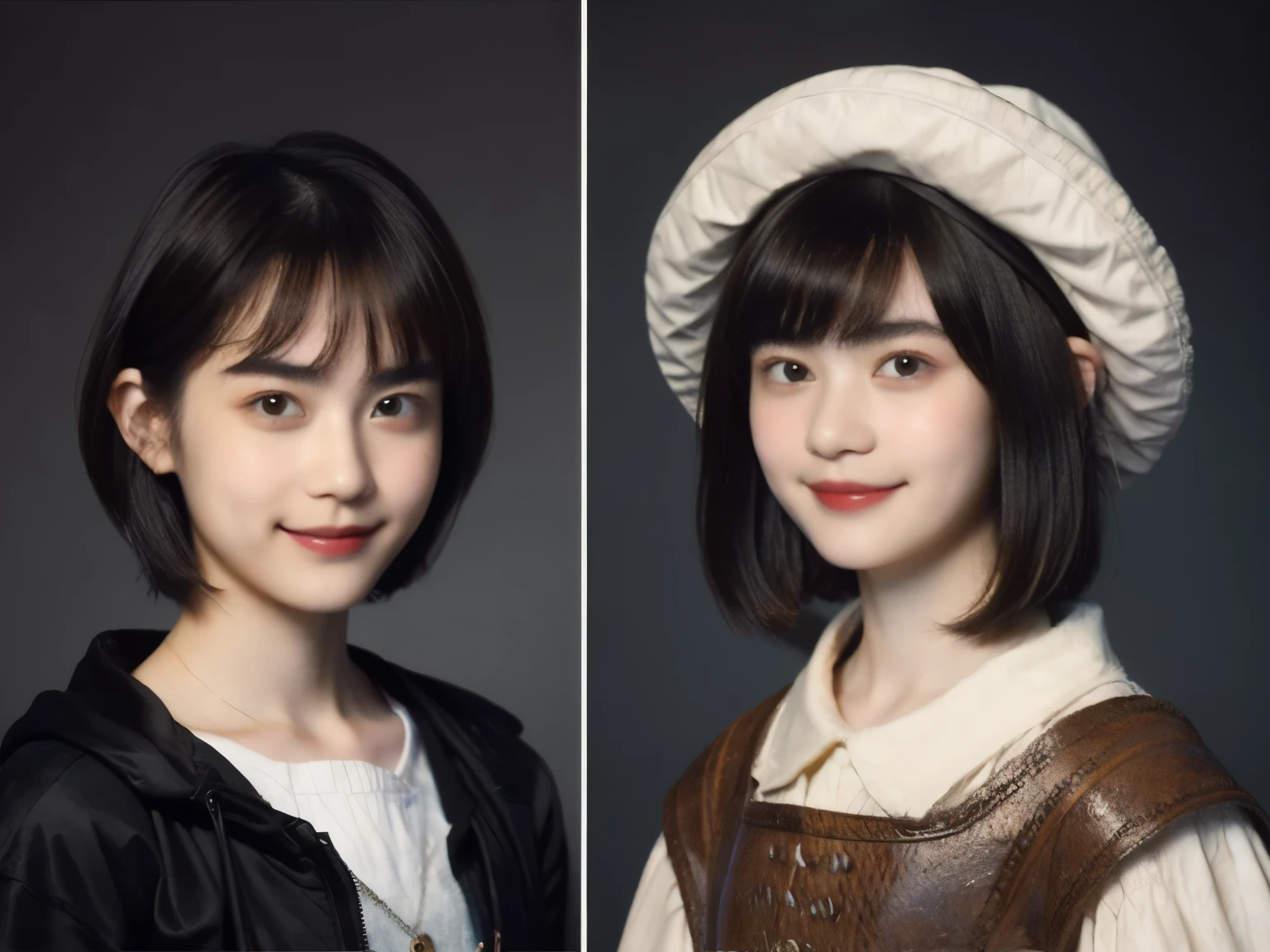 252 (An 18-year-old female and an 18-year-old male), (short hair),kind, lipstick, (Rembrandt-style painting), smile