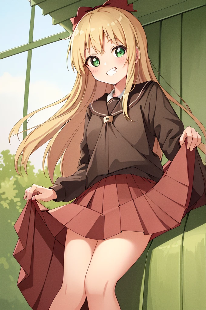 (Highest quality:1.2), masterpiece, Ultra-high resolution, (Hard Light:0.5), Depth of written boundary,  One girl, green_eye, blonde_hair, Red ribbon,mini skirt, in, looking at iniewer, Grin, (Sitting on the roof of the school),(Skirt Lift:1.5 ),(Skirt roll up:1.2)Showing panties