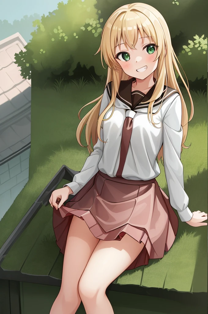 (Highest quality:1.2), masterpiece, Ultra-high resolution, (Hard Light:0.5), Depth of written boundary,  One girl, green_eye, blonde_hair, Red ribbon,mini skirt, in, looking at iniewer, Grin, (Sitting on the roof of the school),(Skirt Lift:1.5 ),(Skirt roll up:1.2)Showing panties