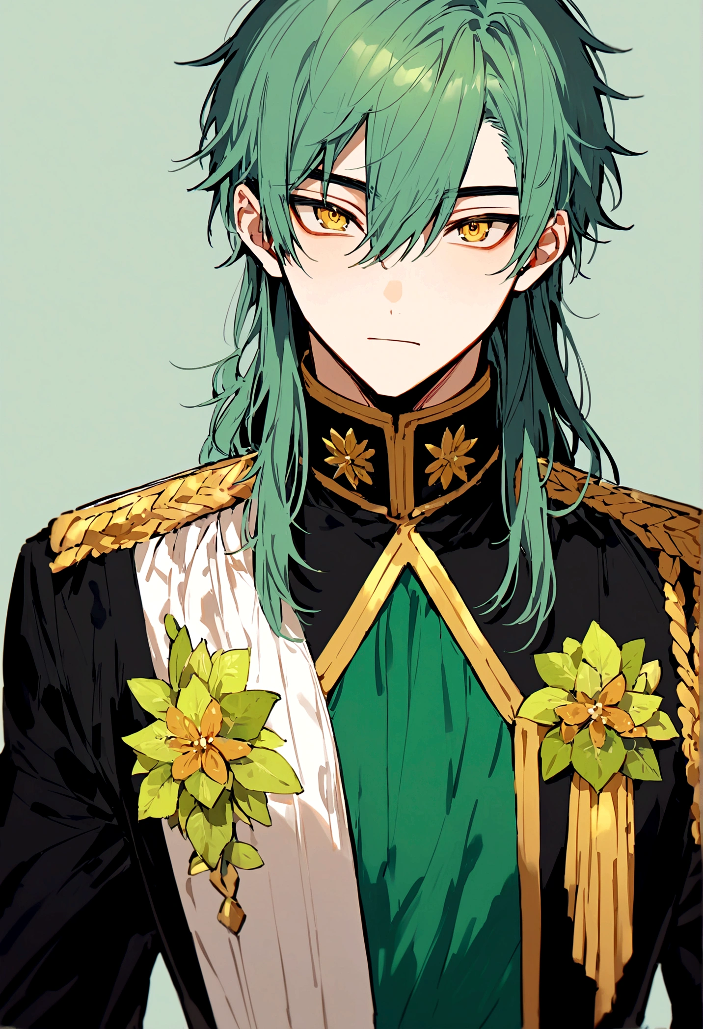 ((Male around 20 years old:1.3)),Cute Men,Blue and lime green hair,Yellow Eyes,Half Up,He is wearing a uniform,