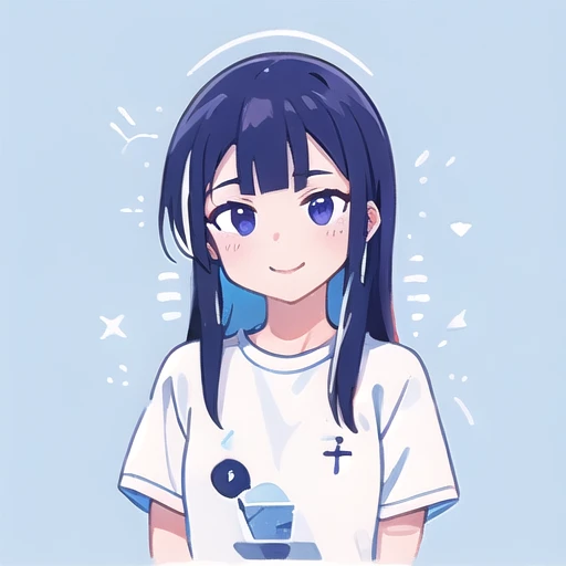 masterpiece, best quality, 1girl, yamada aoi, smile face, white t-shirt, multicolored blue-violet-white background, cheesecake