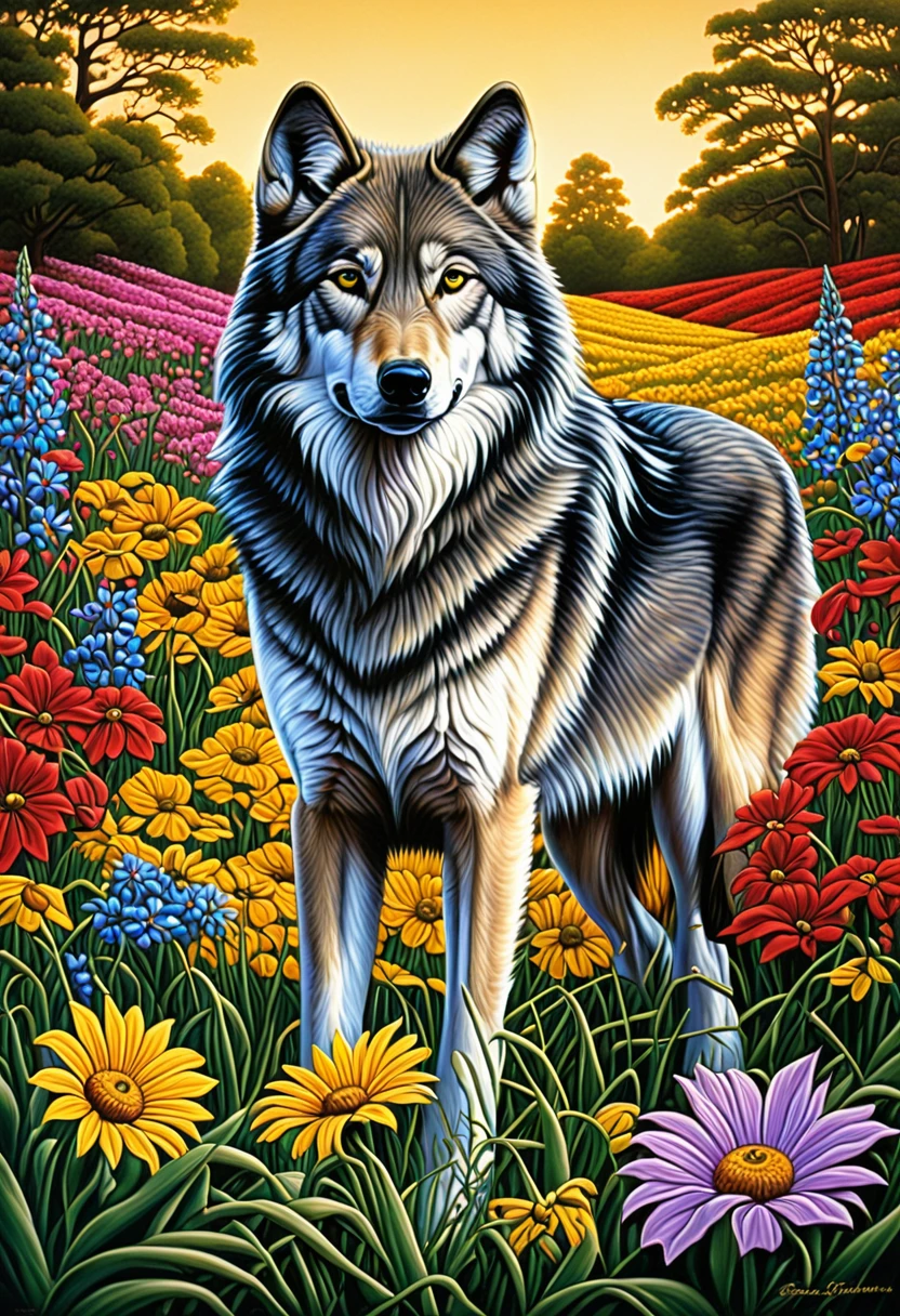 A lone wolf, rendered in the detailed wildlife paintings of Doug Bloodworth, stands amidst a field of flowers bursting with color in the style of Elizabeth Patterson. (Combines Bloodworth's wildlife realism with Patterson's floral abundance)



