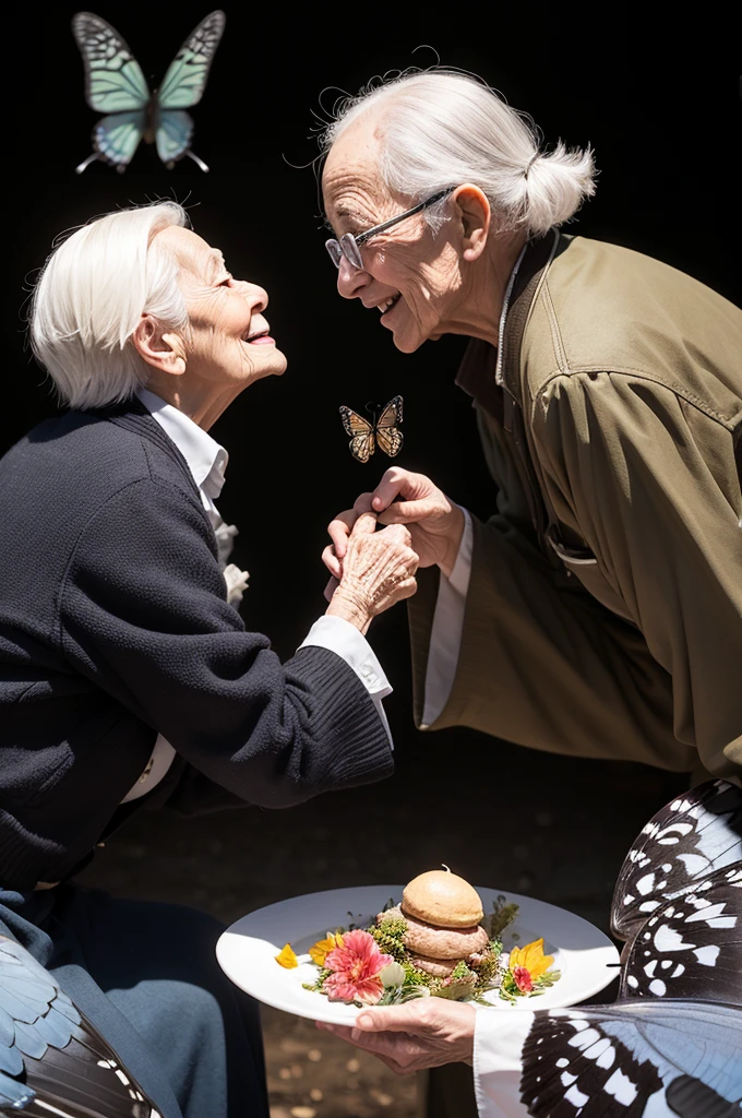 Mystic happy elderly people feeding happy pigeons black background butterflies