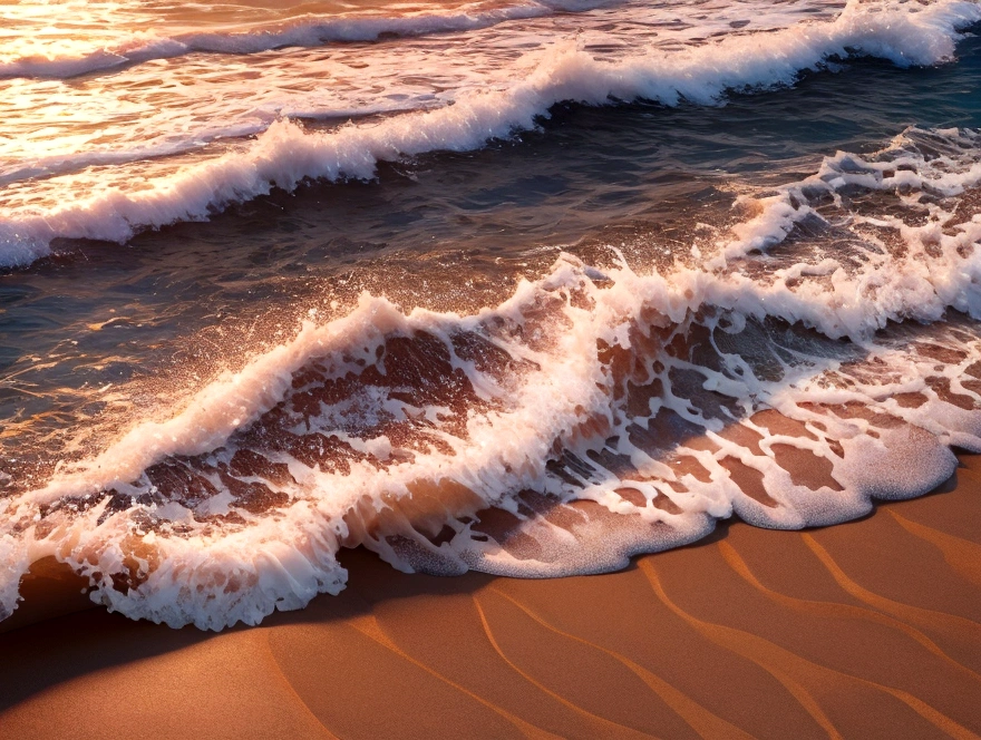 beach waves , realistic image sand in the background of an island