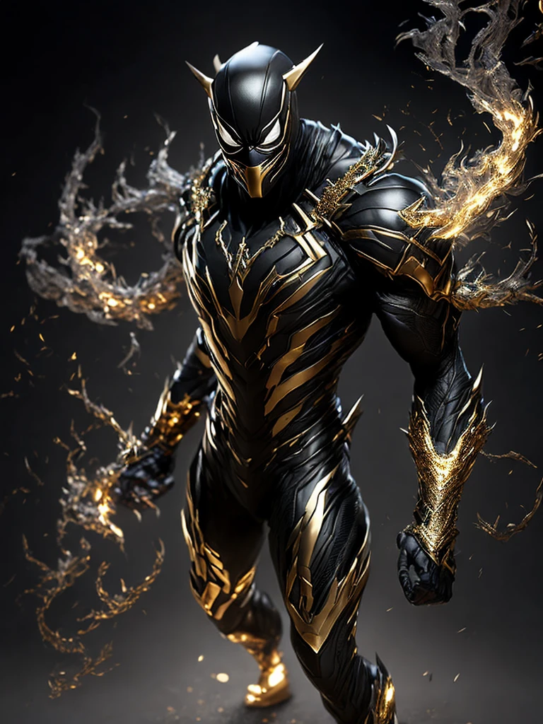 Full Body ( Steal metal black and gold venom from Marvel in Goth style: 1.3) emerging from the reflective steal metal, extremely detailed, smoke, sparks, metal shavings, flying debris, volumetric light