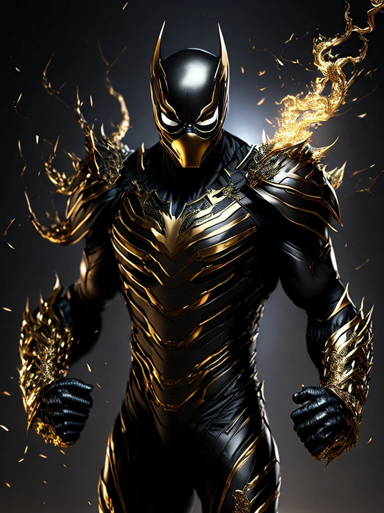 Full Body ( Steal metal black and gold venom from Marvel in Goth style: 1.3) emerging from the reflective steal metal, extremely detailed, smoke, sparks, metal shavings, flying debris, volumetric light