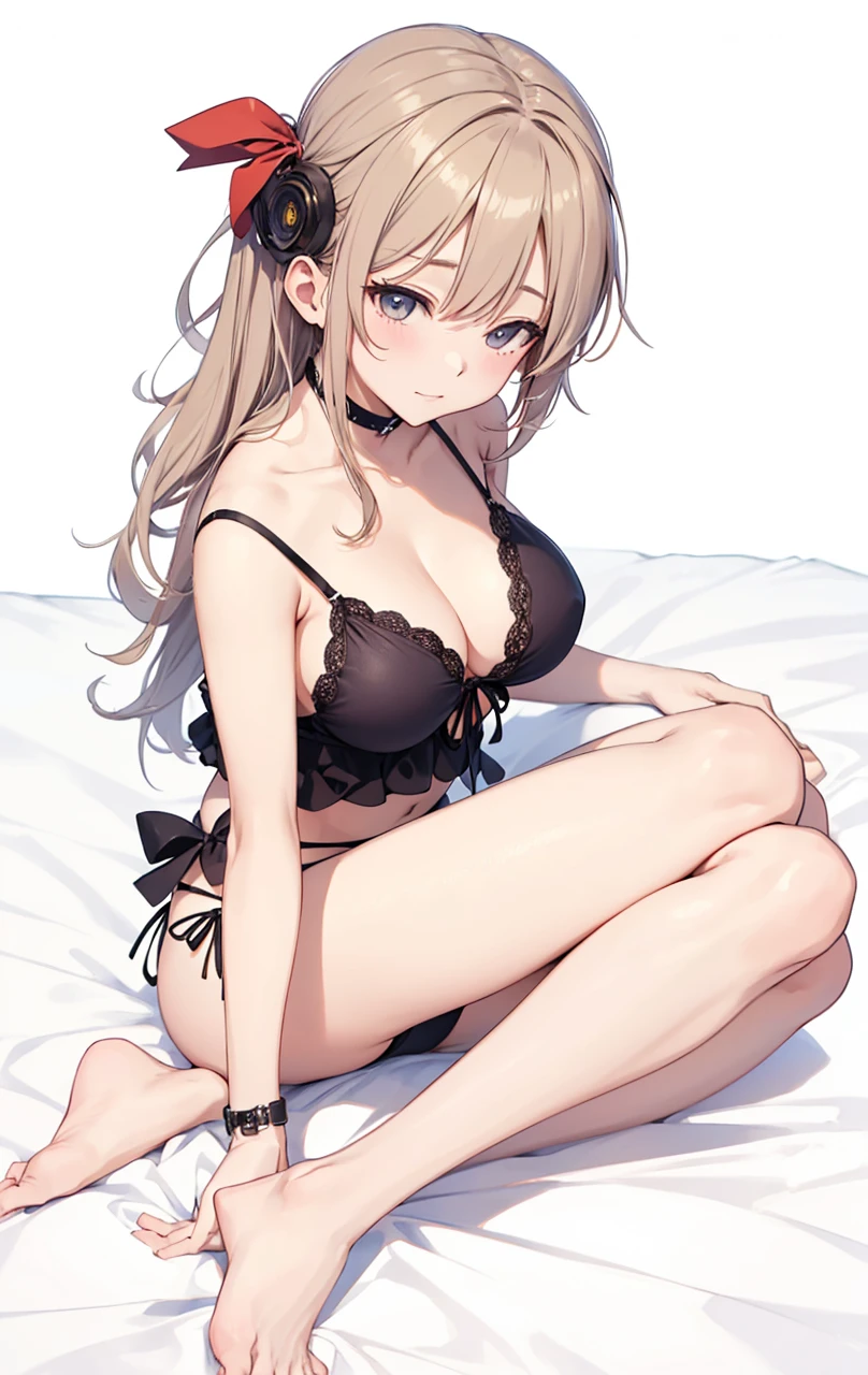 Kanon shibuya in a bikini laying down on her side with her arm for support poseing