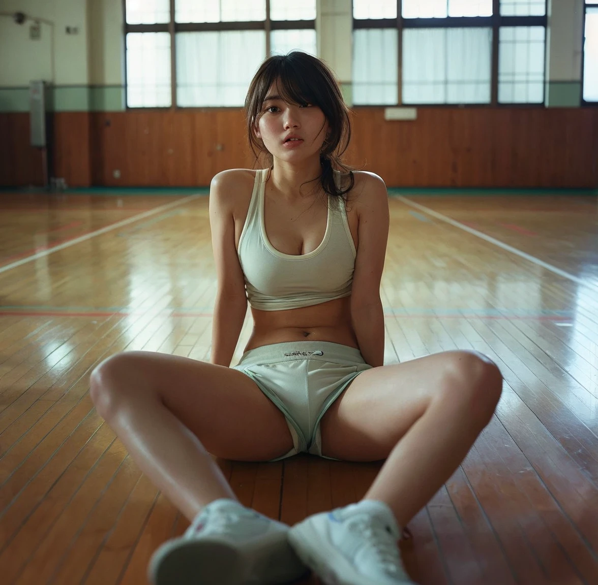 Highest quality、high resolution、gravure、Hair tied back、Melty face、Red cheeks、Narrow waist、Waistline、Spread your feet and put your heels together、sporty、uniform、Her nipples are visible、Large breasts、Black Hair、high school student、gym、basketball is rolling、Innocent face、I'm a little tired、my clothes are sweaty