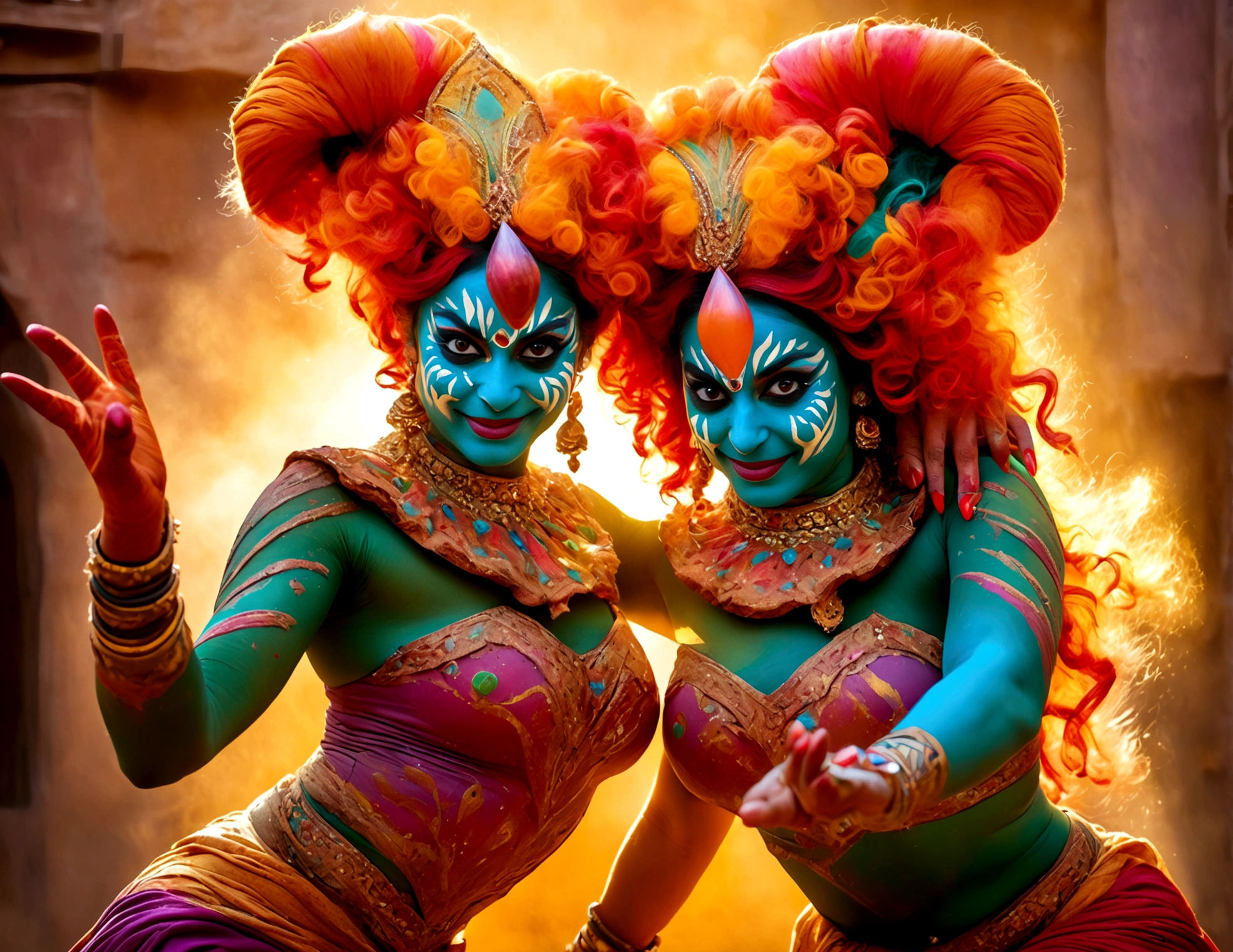 "(best quality, highres, ultra-detailed), 2 women, Desi, 40, average build, in colorful body paint,(playful, vibrant) jesters (costume is entirely body paint), wrestling for a crowd of rowdy aliens, in an(otherworldly) atmosphere,(fantastical, whimsical) outfits, (elaborate face makeup), (bright, vivid) colors, lively expressions, (dynamic poses), (mysterious, ethereal) lighting"