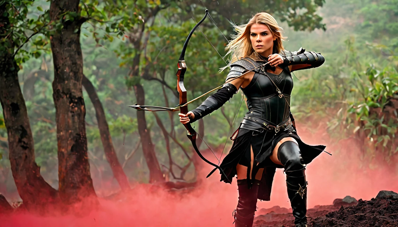 female Celtic warrior, dressed in black leather armor, archer, with Linda Hamilton's face, long blonde hair, moving with the wind, (best quality, realistic, ethereal: 1.2), (full body can be seen), strength and determination, (bow and arrow in hand), (medium shot) in the background, elven ruins, red fog, black stones on the wet ground, heroic pose, fight, epic artistic representation, green and black tones, red fog , studio lighting.