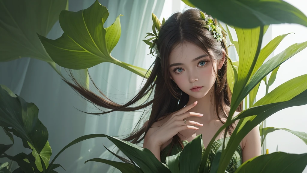 32k, Masterpiece, Highest quality, One girl, Brown Hair, Detailed eyes, flower,Amaryllis, Blue and green style,A dreamy, romantic piece,Pale green, Mysterious Leaves,A playful arrangement,Fantasy,High Contrast,Ink strokes,explosion,Exposure, Impression of blue and green tones,Abstract, Brush strokes,Negative Space, Tyndall effect, White background